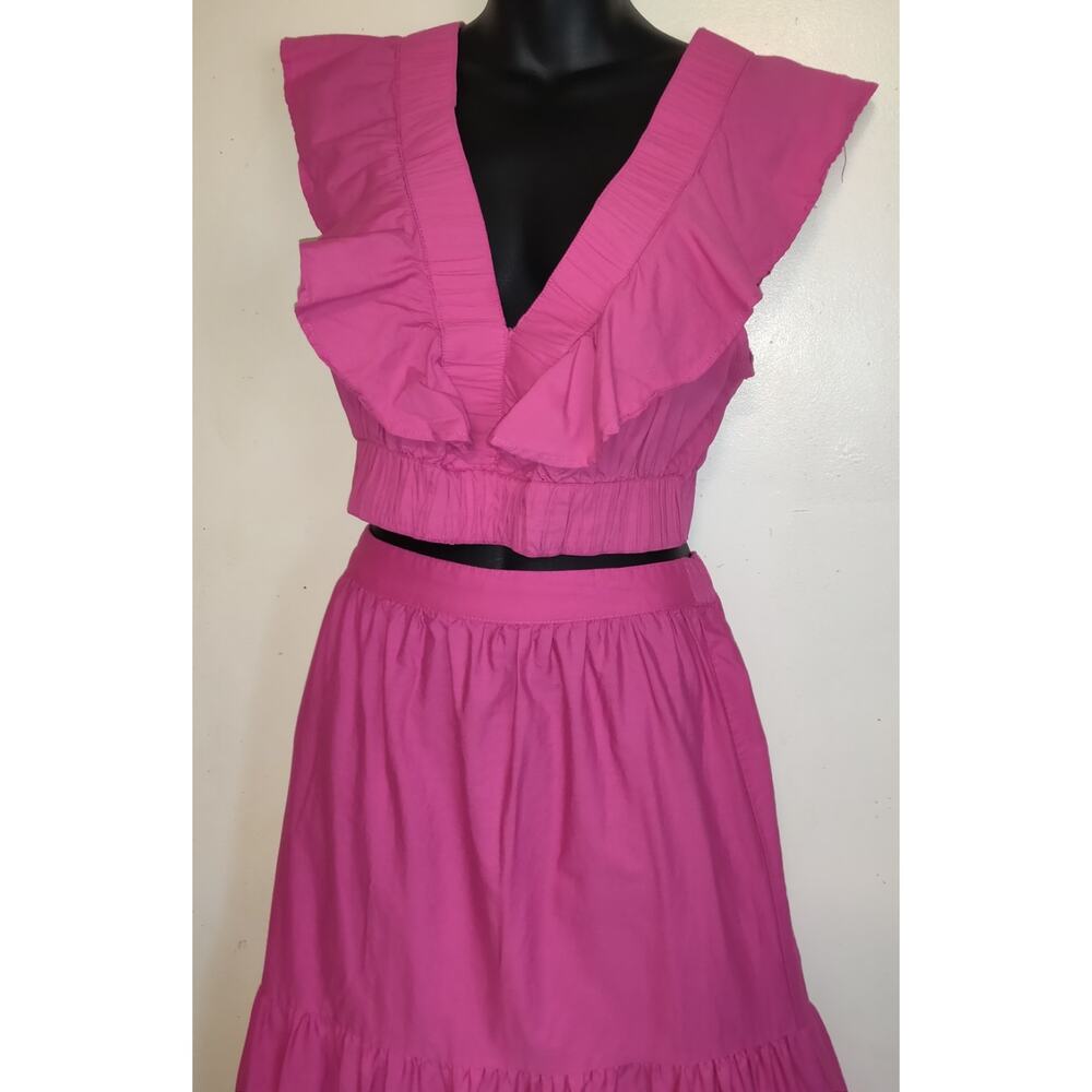 Bright Pink Peasant Maxi Dress 2pc L Tiered Boho Whimsigoth Ruffles Cropped - Picture 4 of 16